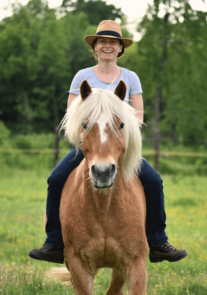 Julia Grün ohne Sattel und Zaumzeug auf ihrem Haflinger Filou.
